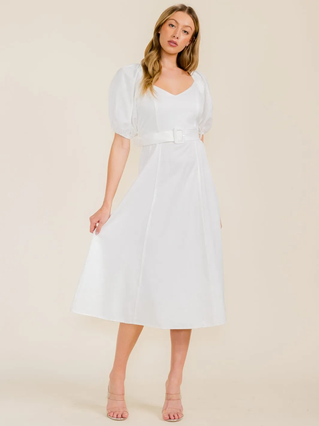 WOMEN'S SHORT PUFF SLEEVE BELTED MIDI DRESS