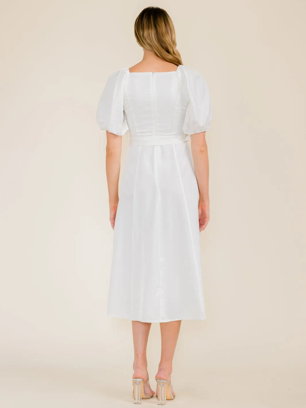 WOMEN'S SHORT PUFF SLEEVE BELTED MIDI DRESS