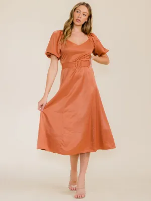 WOMEN'S SHORT PUFF SLEEVE BELTED MIDI DRESS