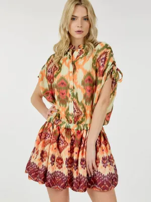 WOMEN'S SHORT RUCHED SLEEVE BUTTON UP MULTI PRINT MINI DRESS