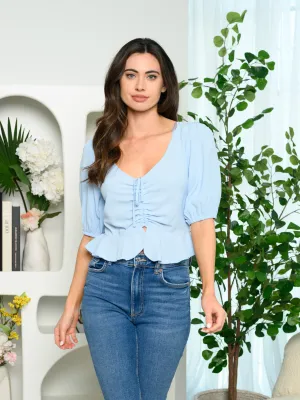 WOMEN'S SHORT SLEEVE SMOCK BACK TOP