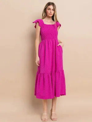 WOMEN'S SHORT SLEEVE SQUARE NECK RUCHED POCKETS TIERED MIDI DRESS