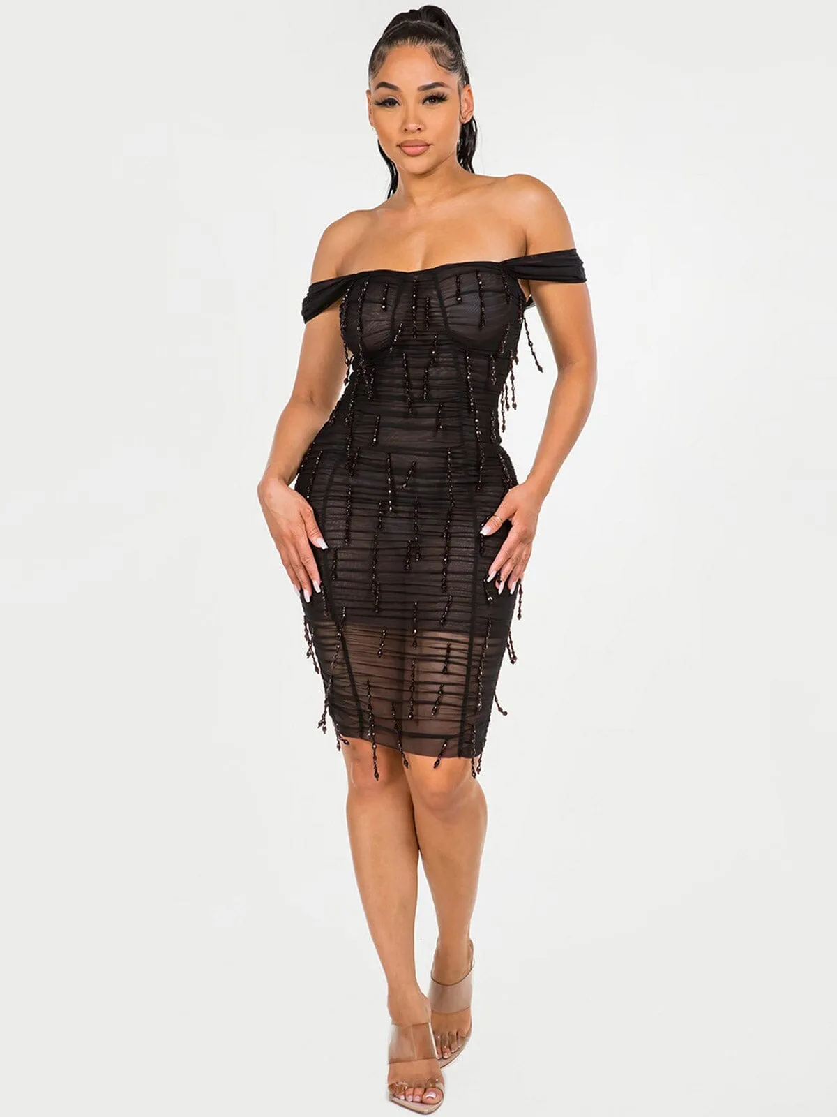 WOMEN'S SLEEVELESS MESH RUCHED BODYCON MIDI DRESS