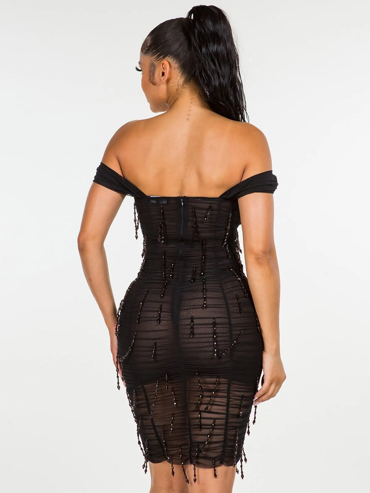 WOMEN'S SLEEVELESS MESH RUCHED BODYCON MIDI DRESS