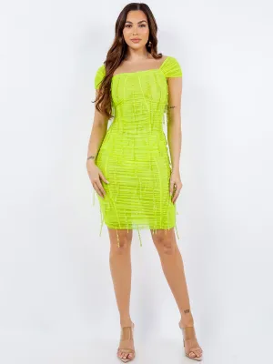 WOMEN'S SLEEVELESS MESH RUCHED BODYCON MIDI DRESS