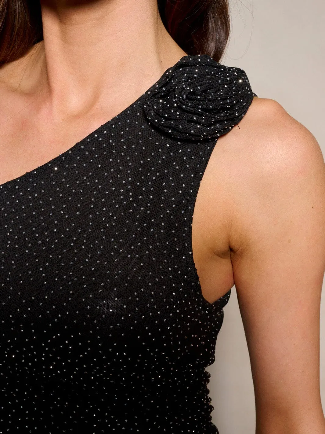 WOMEN'S SLEEVELESS ONE SHOULDER FLOWER RUCHED RHIMESTONE TOP