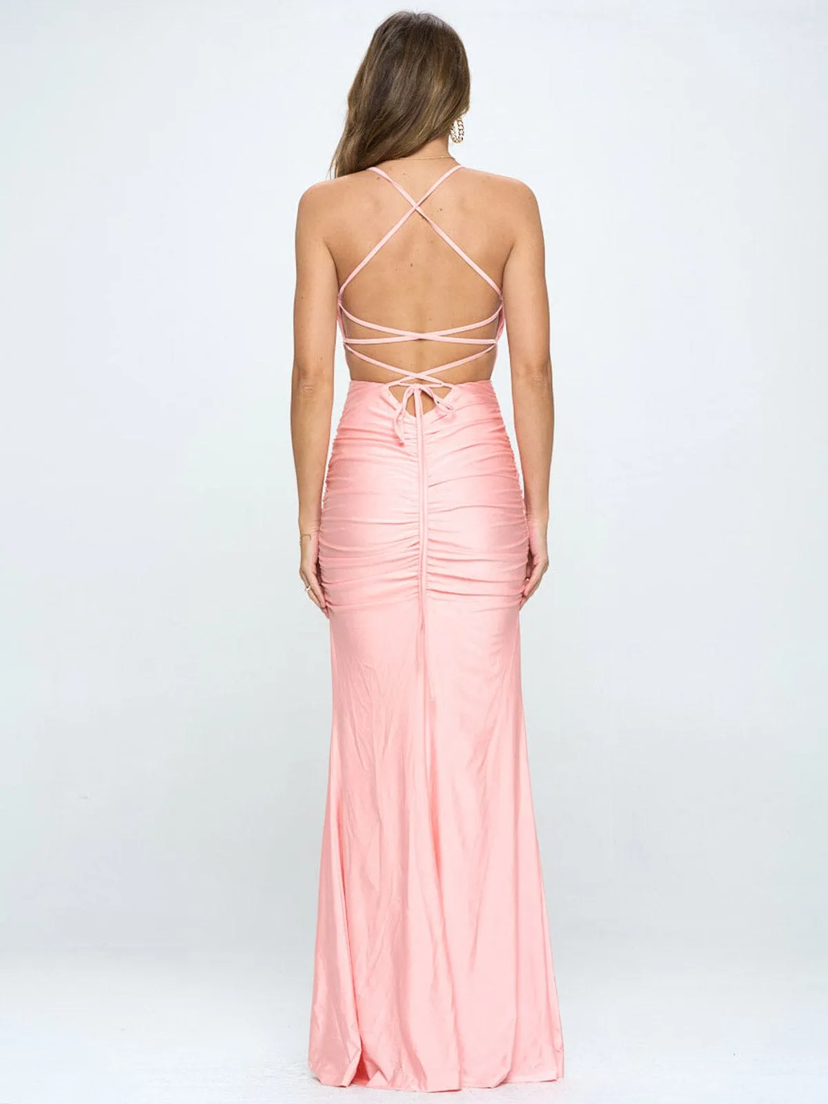 WOMEN'S SLEEVELESS OPEN BACK BODYCON RUCHED MAXI DRESS