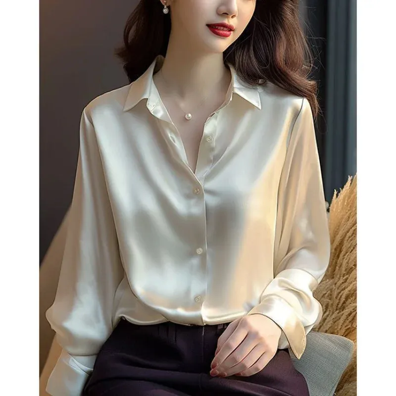 Women's Solid Color Polo-Neck Button Elegant Loose Long Sleeve Versatile Unique Shirt Tops