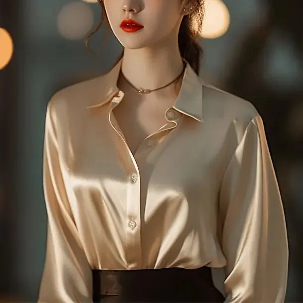 Women's Solid Color Polo-Neck Button Elegant Loose Long Sleeve Versatile Unique Shirt Tops