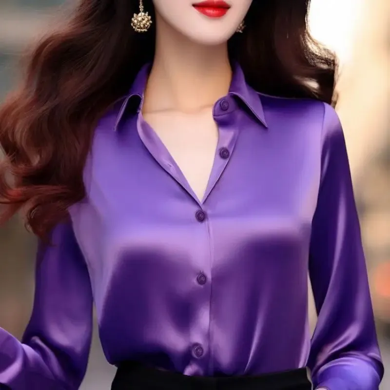 Women's Solid Color Polo-Neck Button Elegant Loose Long Sleeve Versatile Unique Shirt Tops
