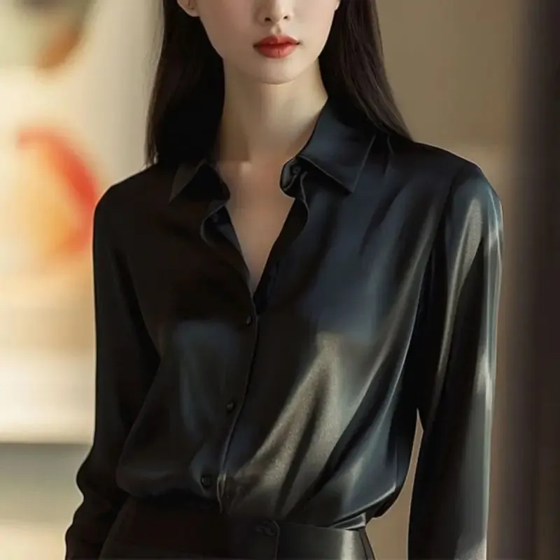 Women's Solid Color Polo-Neck Button Elegant Loose Long Sleeve Versatile Unique Shirt Tops