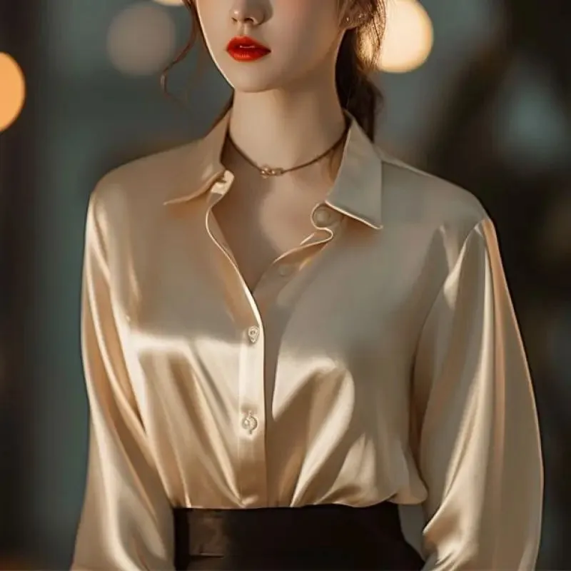 Women's Solid Color Polo-Neck Button Elegant Loose Long Sleeve Versatile Unique Shirt Tops