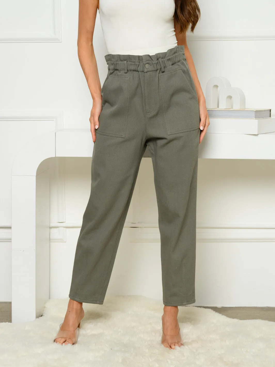WOMEN'S STRAIGHT LEG RUCHED WAIST PANTS