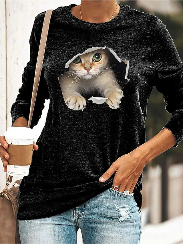 Women's T shirt Cat Print Long Sleeve