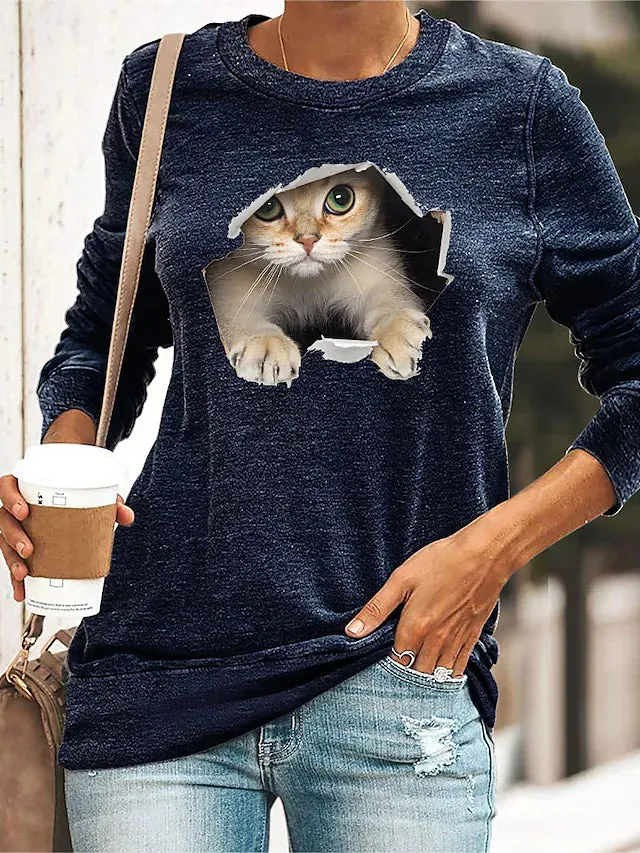 Women's T shirt Cat Print Long Sleeve