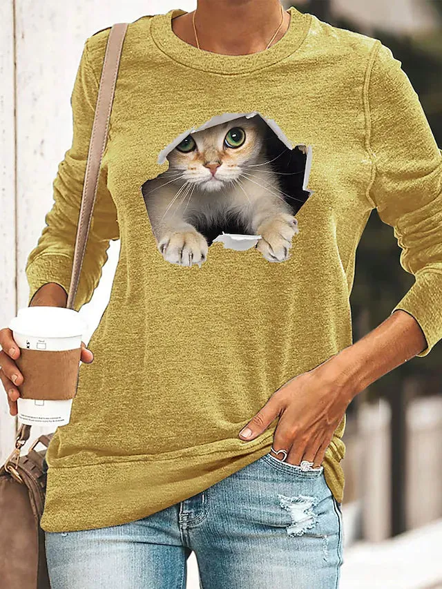 Women's T shirt Cat Print Long Sleeve