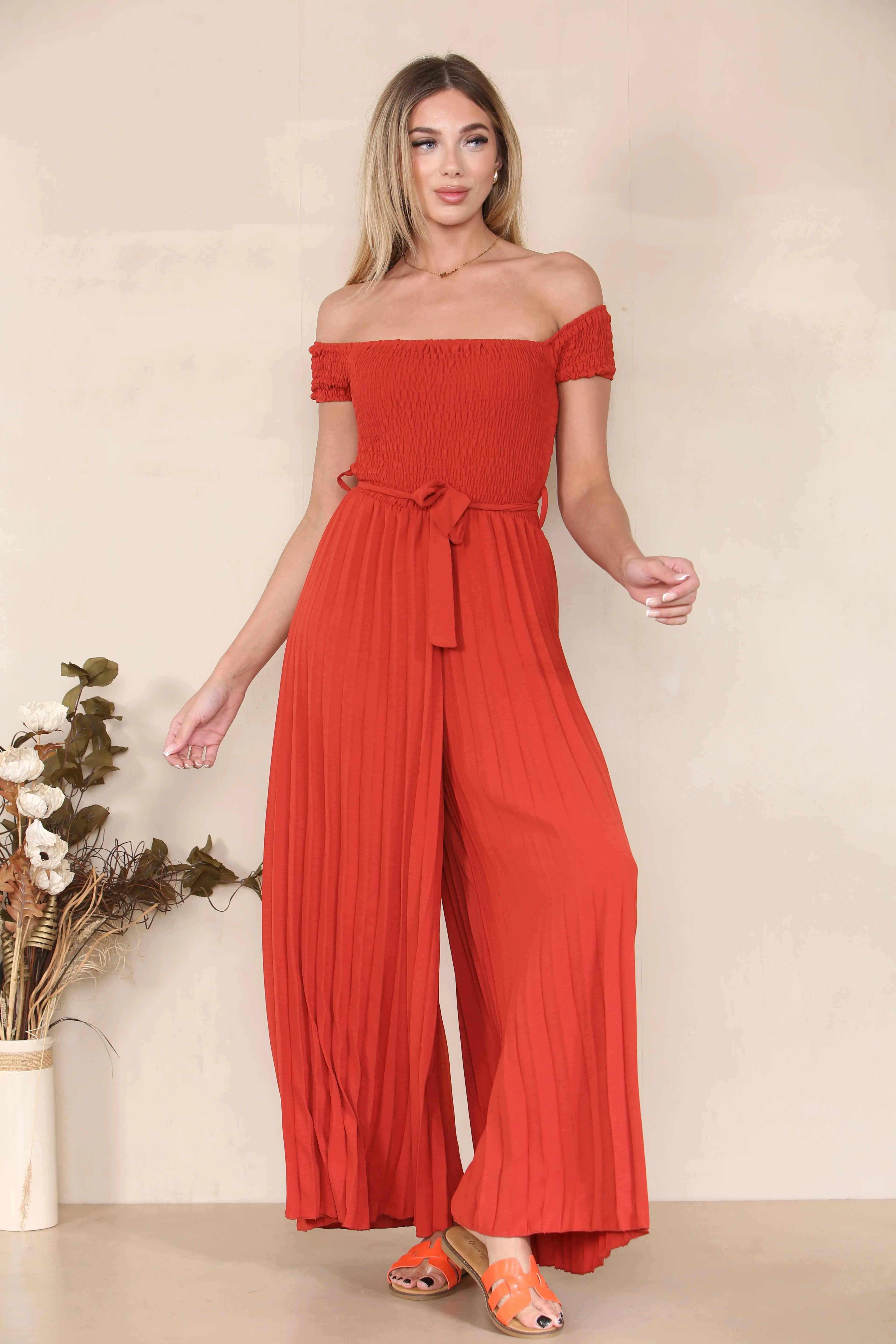 Women's Trendy Plain Off The Shoulder Waist Tie Pleated Jumpsuit