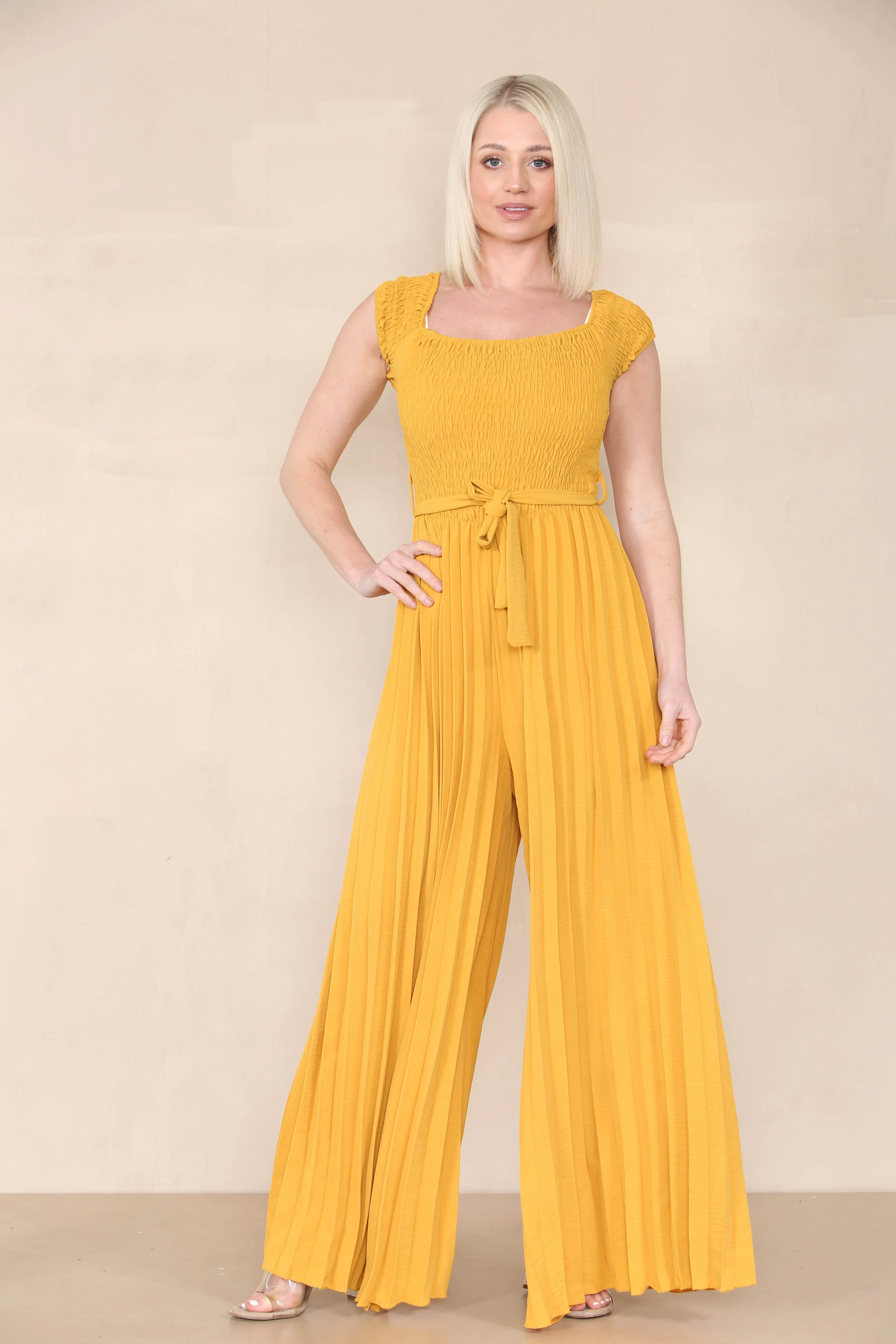 Women's Trendy Plain Off The Shoulder Waist Tie Pleated Jumpsuit