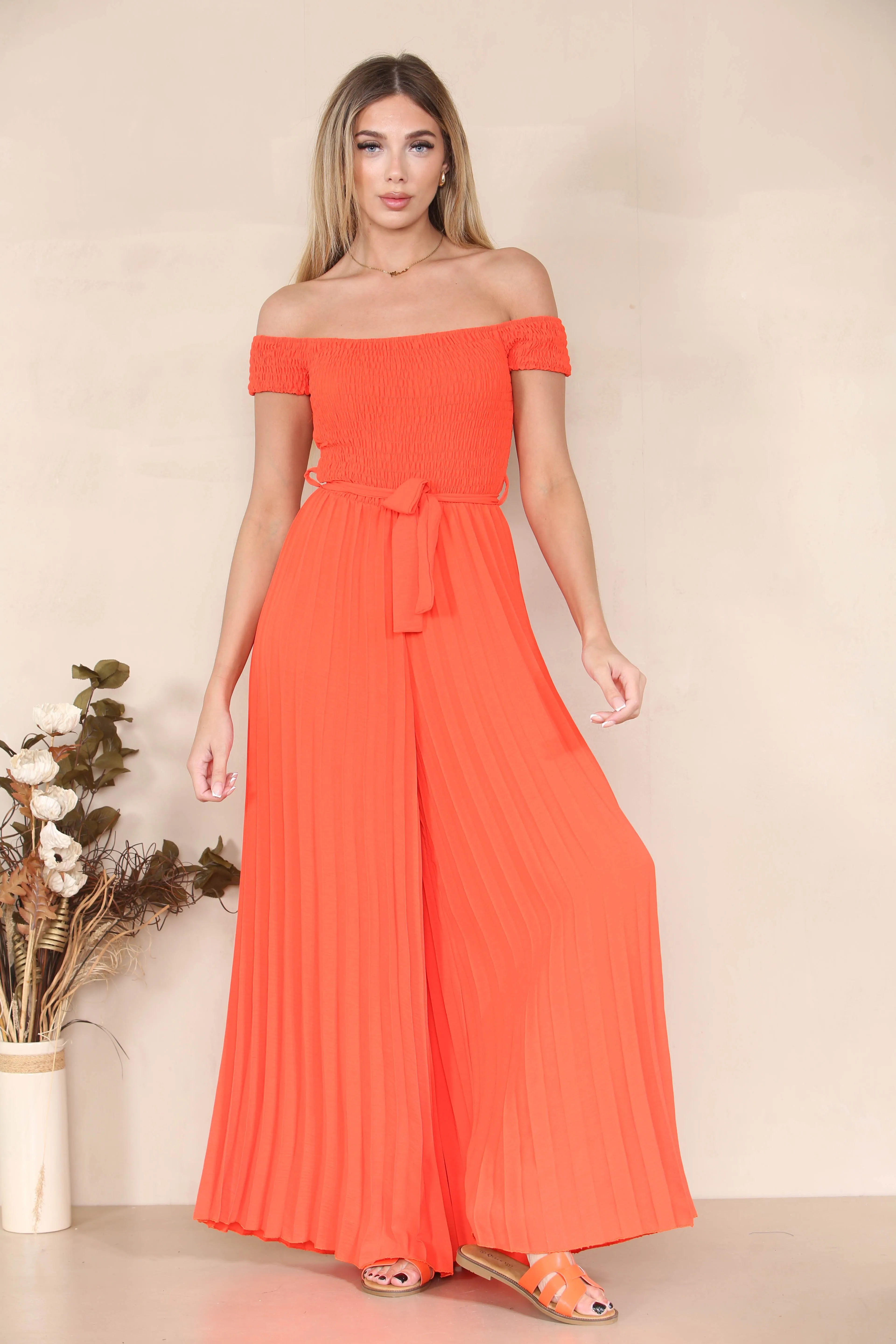 Women's Trendy Plain Off The Shoulder Waist Tie Pleated Jumpsuit