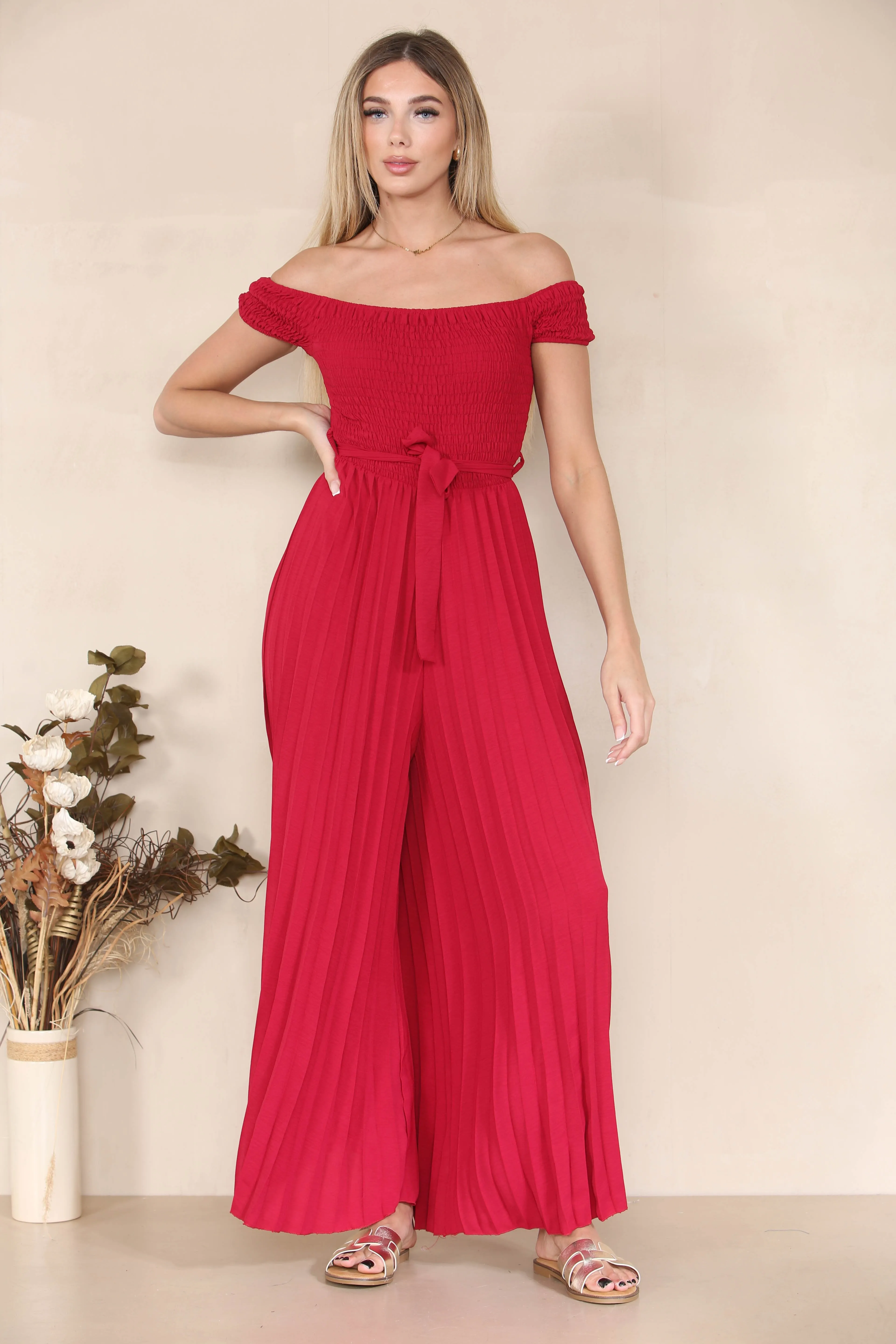 Women's Trendy Plain Off The Shoulder Waist Tie Pleated Jumpsuit