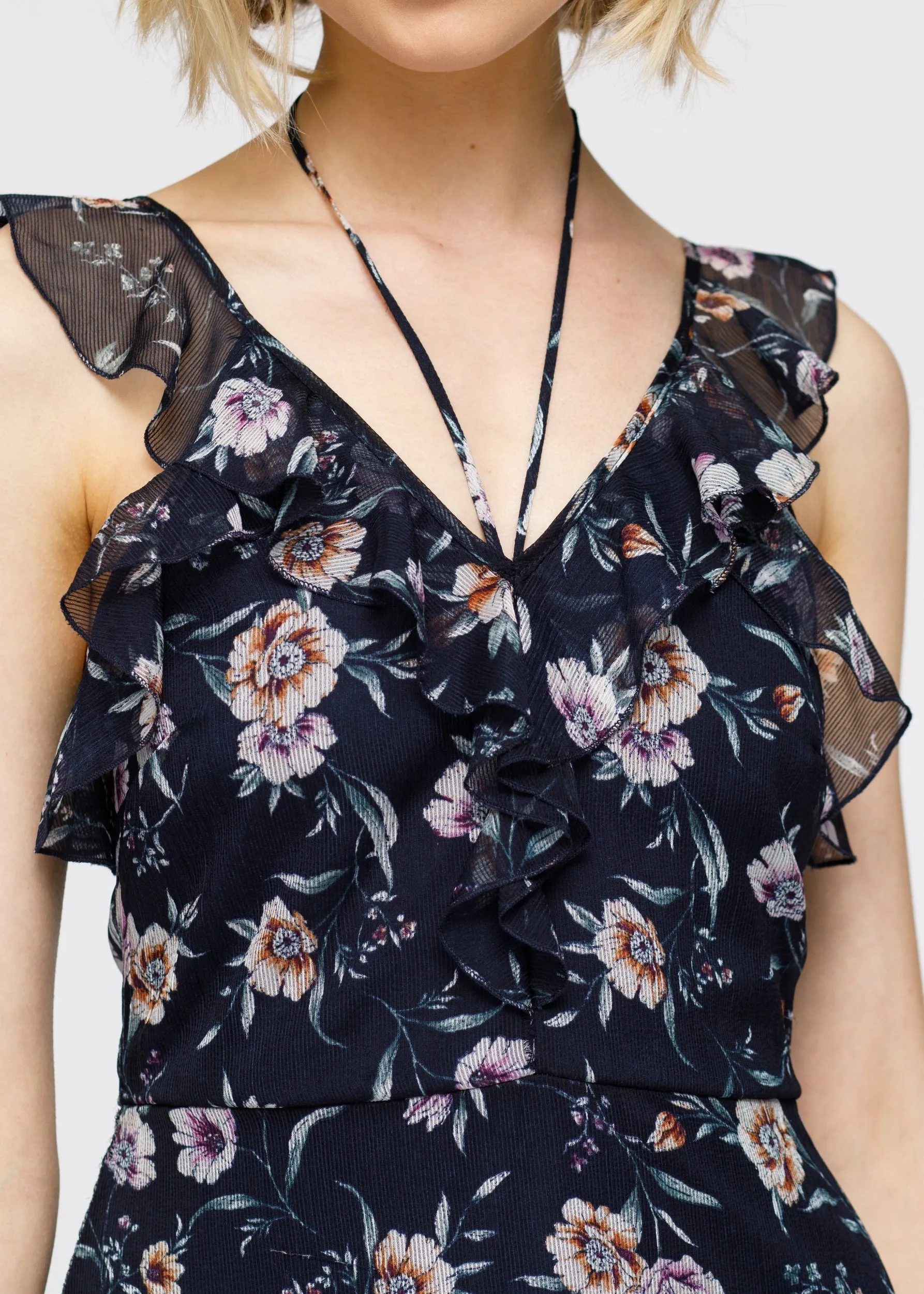 Women's Wax Flower Mini Ruffled Sleeveless Dress