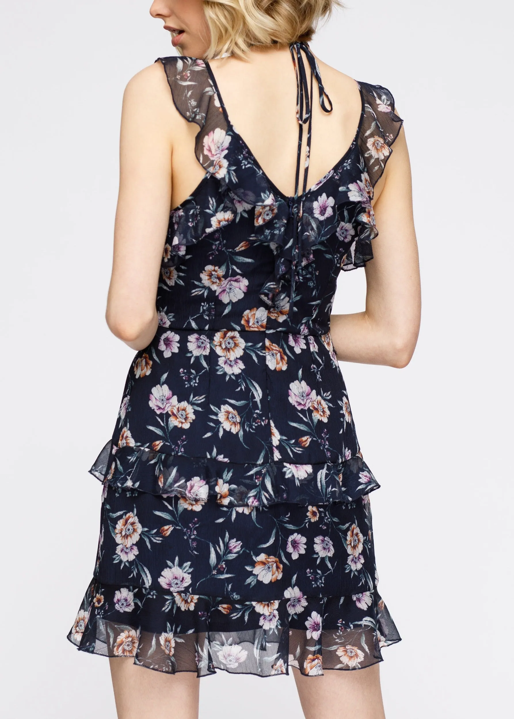 Women's Wax Flower Mini Ruffled Sleeveless Dress