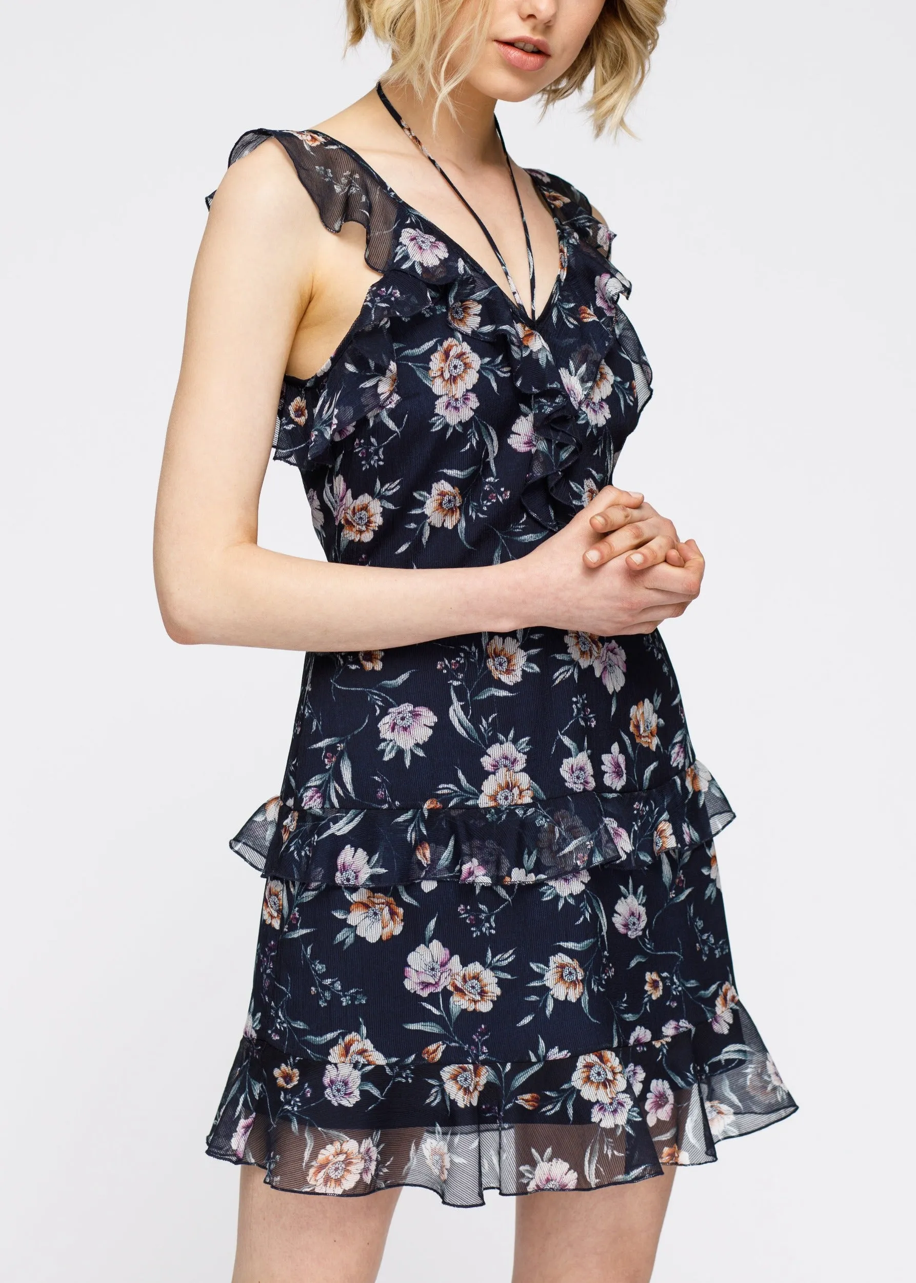 Women's Wax Flower Mini Ruffled Sleeveless Dress
