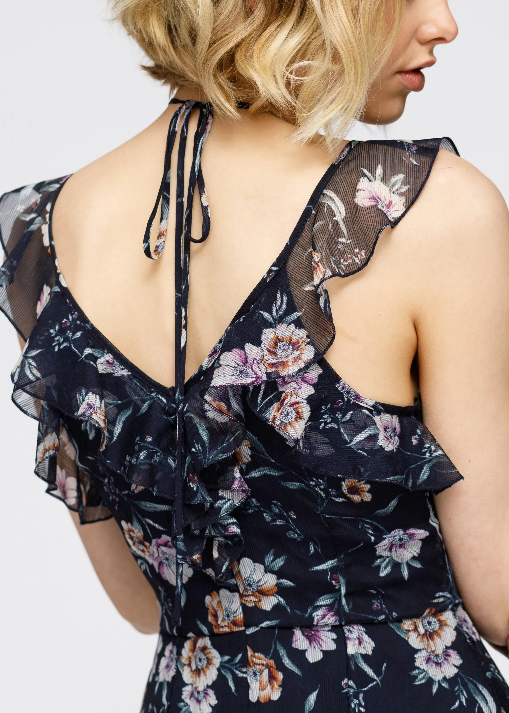 Women's Wax Flower Mini Ruffled Sleeveless Dress