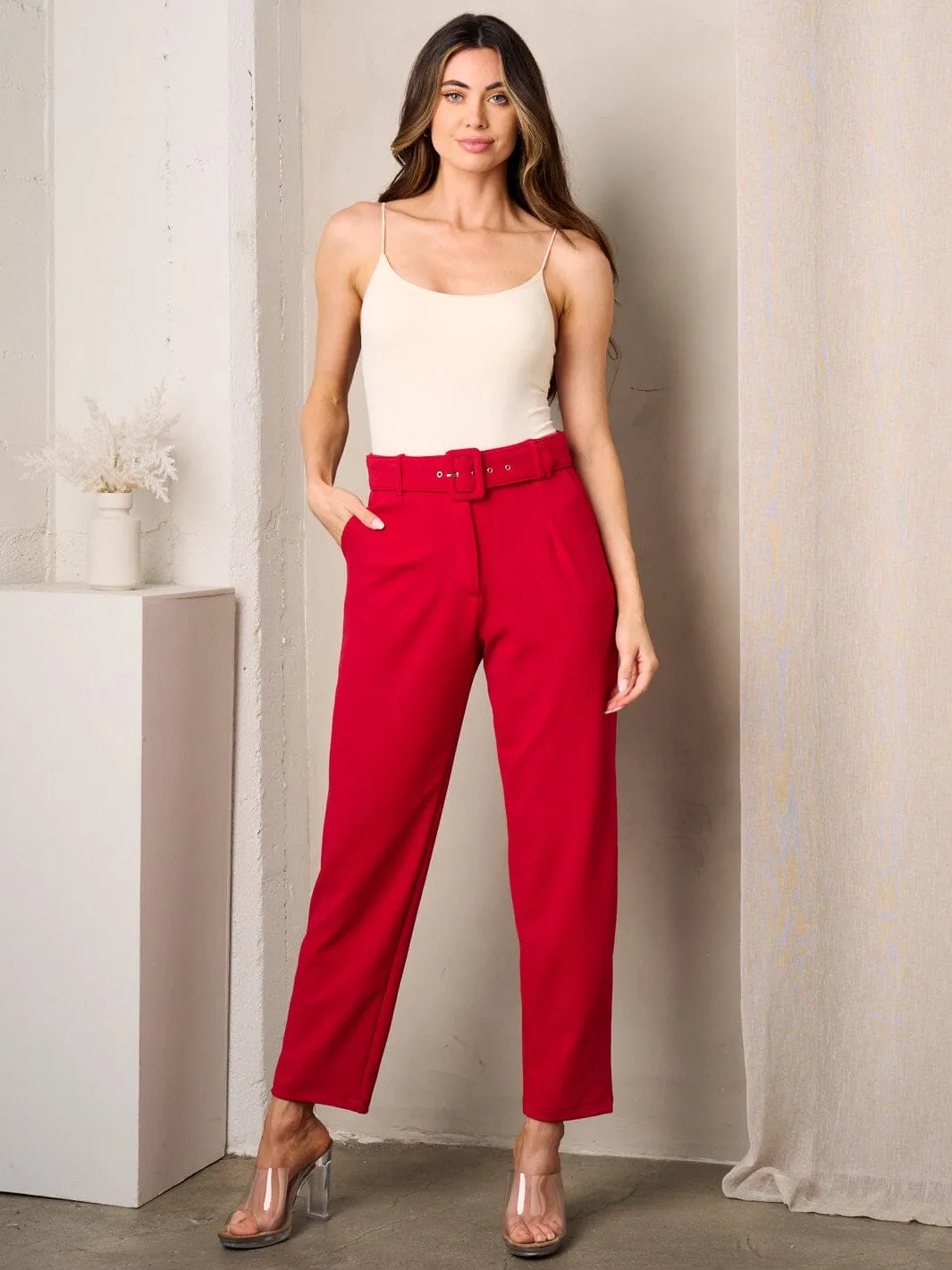 WOMEN'S WIDE LEG BELTED PANTS