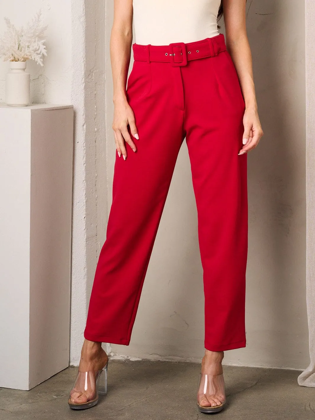 WOMEN'S WIDE LEG BELTED PANTS