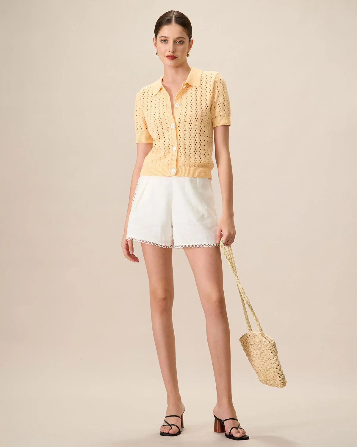 Women's Yellow Lapel Hollow Out Knitted Sweater