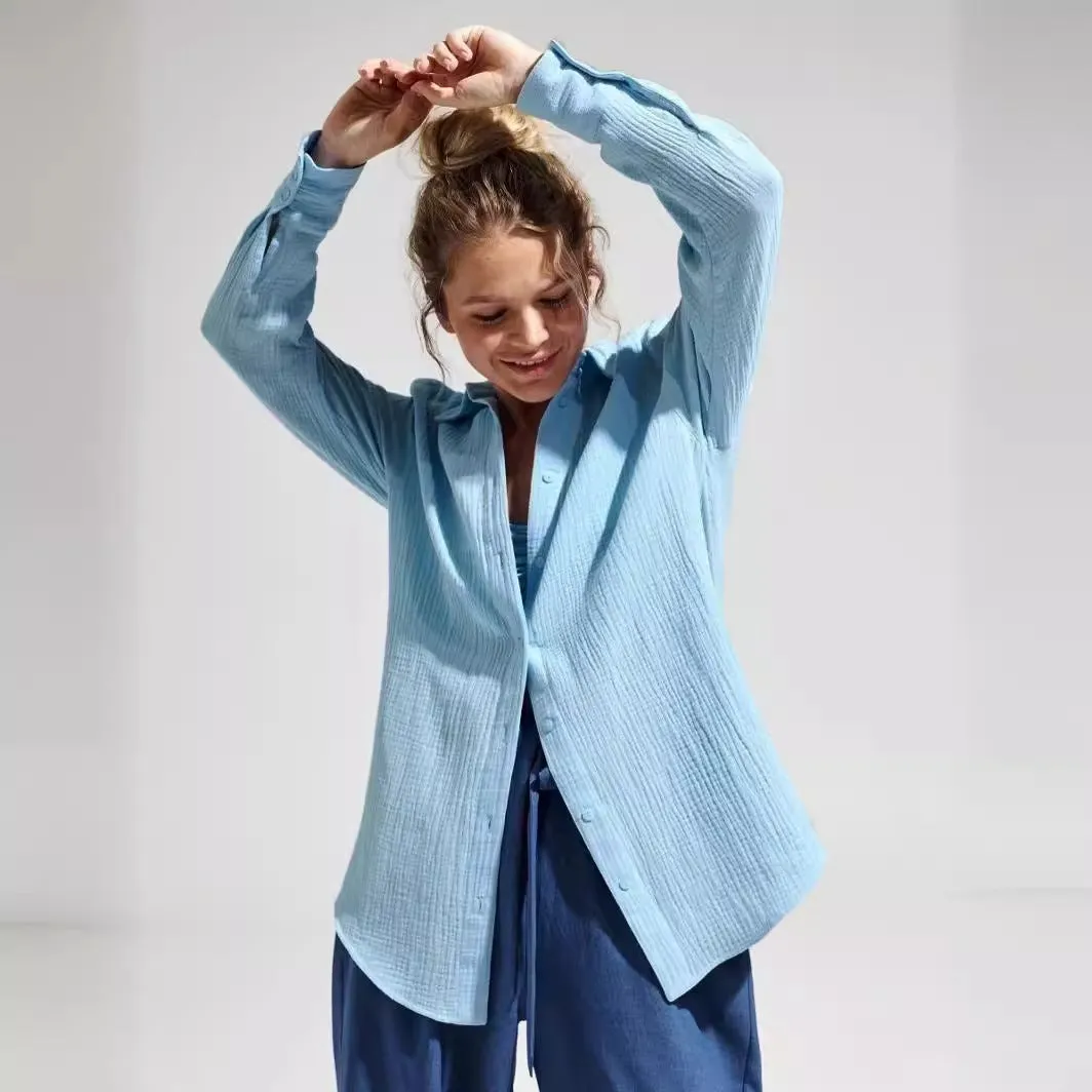 XIEYINSHE Cross-border pure cotton crepe shirt Europe and America New summer new women's comfortable loose temperament elegant polo shirt