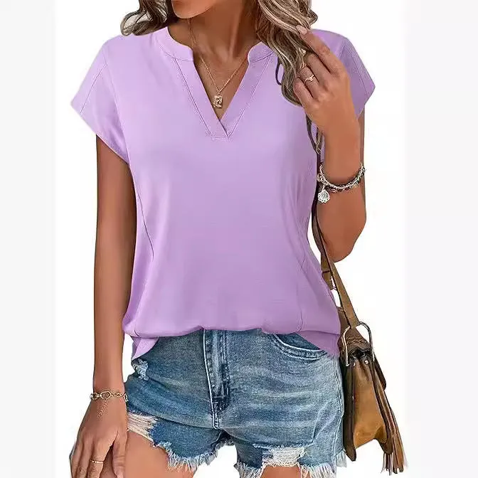 XIEYINSHE  Cross Border Women's   Spring/Summer Solid Color and V-neck Casual Loose Short Sleeves T-shirt
