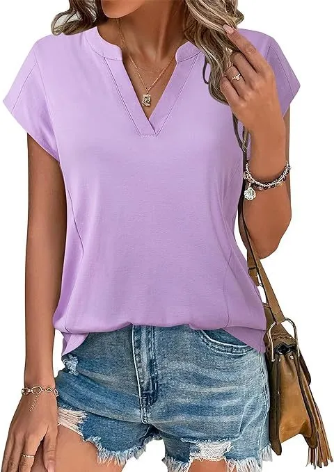 XIEYINSHE  Cross Border Women's   Spring/Summer Solid Color and V-neck Casual Loose Short Sleeves T-shirt