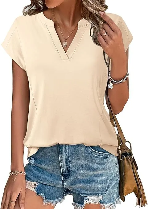 XIEYINSHE  Cross Border Women's   Spring/Summer Solid Color and V-neck Casual Loose Short Sleeves T-shirt