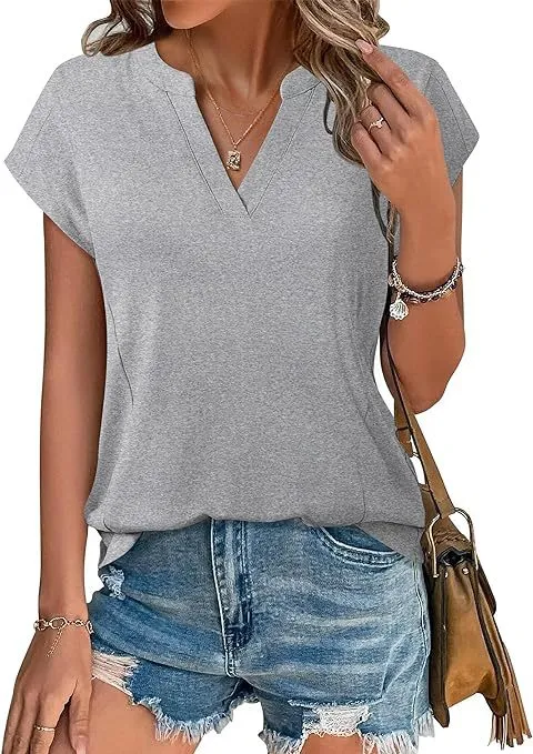 XIEYINSHE  Cross Border Women's   Spring/Summer Solid Color and V-neck Casual Loose Short Sleeves T-shirt