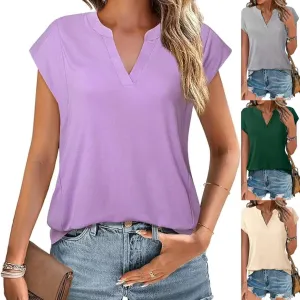 XIEYINSHE  Cross Border Women's   Spring/Summer Solid Color and V-neck Casual Loose Short Sleeves T-shirt