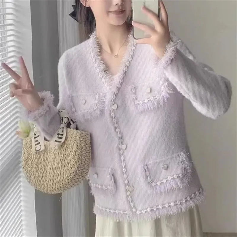 XIEYINSHE Imitation mink chic small fragrant coat women's New autumn new loose soft waxy short fringed edge knitted cardigan