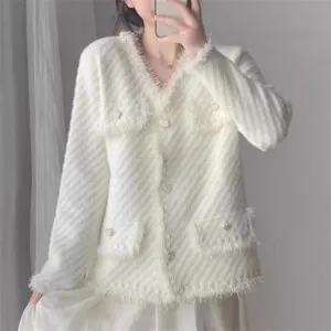 XIEYINSHE Imitation mink chic small fragrant coat women's New autumn new loose soft waxy short fringed edge knitted cardigan