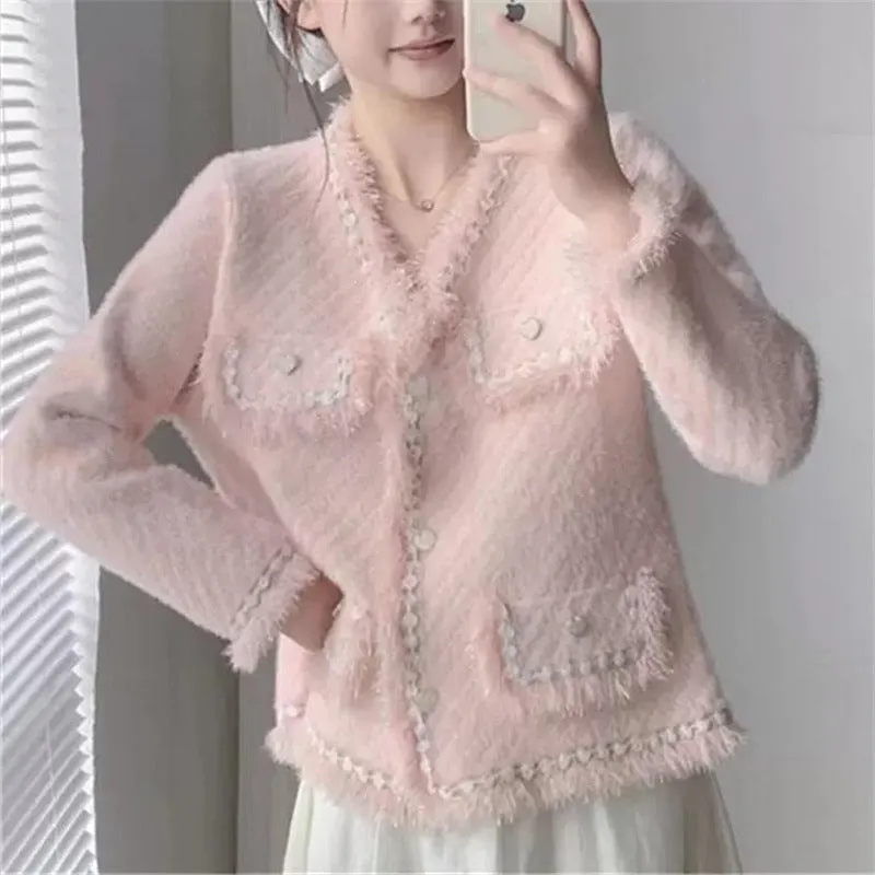 XIEYINSHE Imitation mink chic small fragrant coat women's New autumn new loose soft waxy short fringed edge knitted cardigan