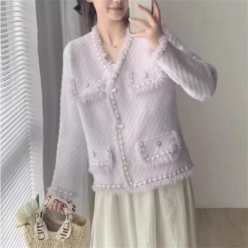 XIEYINSHE Imitation mink chic small fragrant coat women's New autumn new loose soft waxy short fringed edge knitted cardigan
