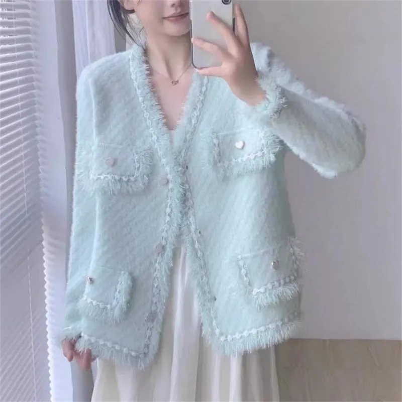 XIEYINSHE Imitation mink chic small fragrant coat women's New autumn new loose soft waxy short fringed edge knitted cardigan