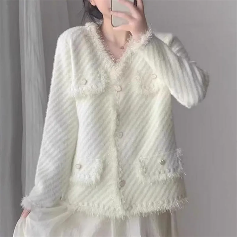 XIEYINSHE Imitation mink chic small fragrant coat women's New autumn new loose soft waxy short fringed edge knitted cardigan