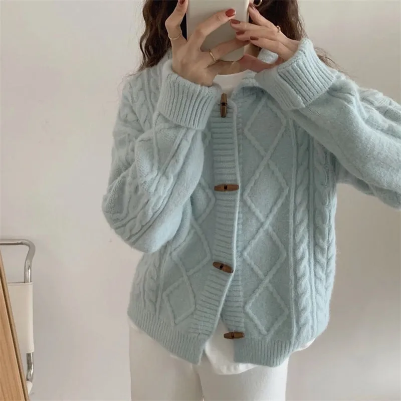 XIEYINSHE Retro lapel knitted cardigan women's twist horn buckle Japanese soft waxy autumn and winter new loose sweater women's coat