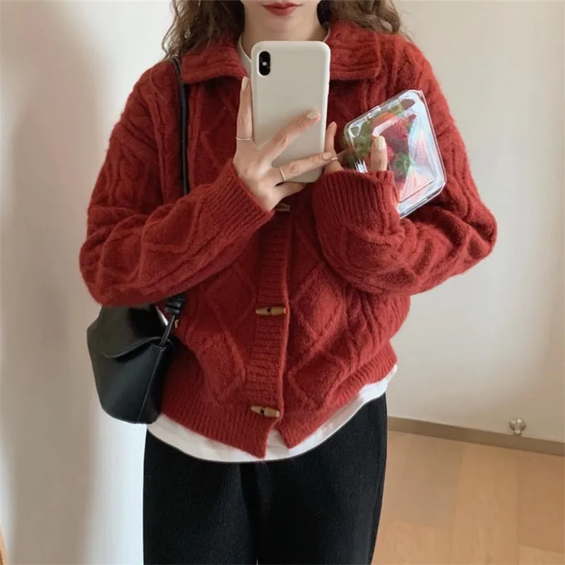 XIEYINSHE Retro lapel knitted cardigan women's twist horn buckle Japanese soft waxy autumn and winter new loose sweater women's coat