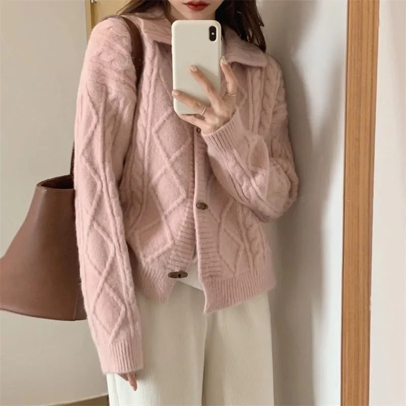 XIEYINSHE Retro lapel knitted cardigan women's twist horn buckle Japanese soft waxy autumn and winter new loose sweater women's coat