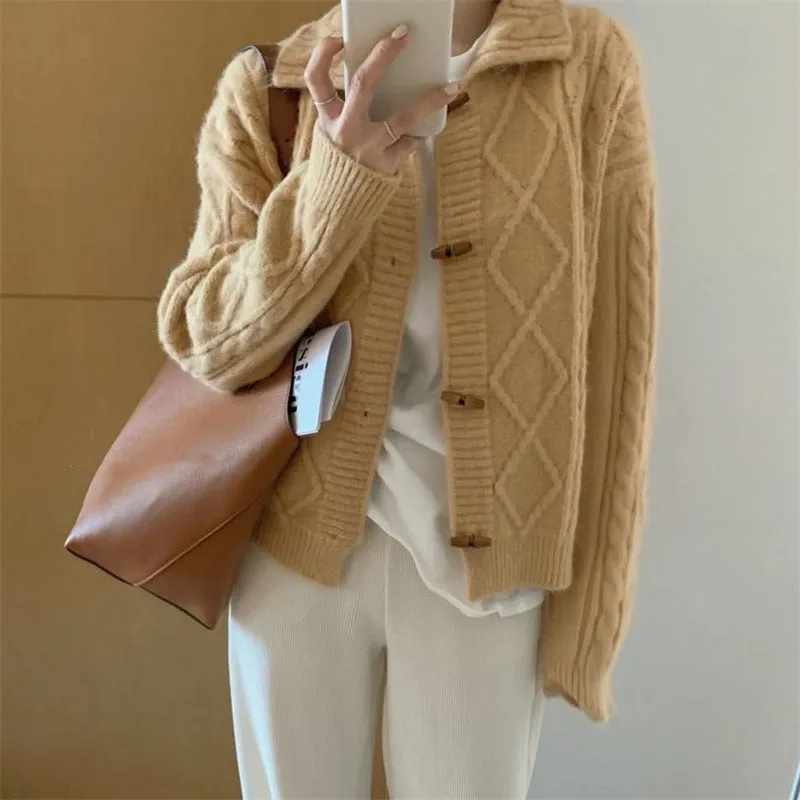 XIEYINSHE Retro lapel knitted cardigan women's twist horn buckle Japanese soft waxy autumn and winter new loose sweater women's coat