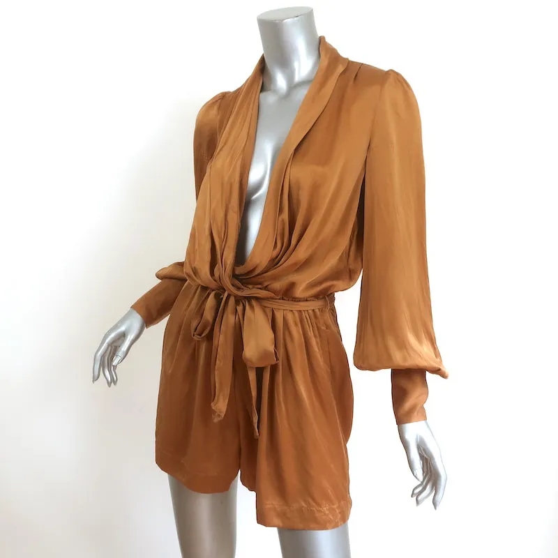Zimmermann Plunge Wrap Romper Gold Silk Satin Size 1 Long Sleeve Playsuit