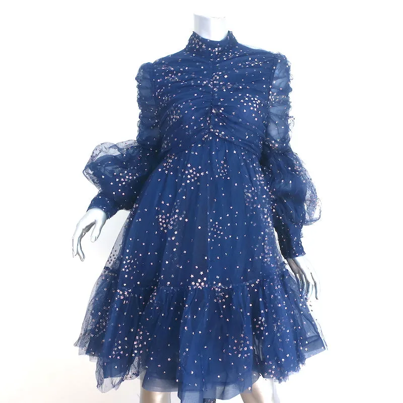 Zimmermann Tie-Neck Ruched Mini Dress Rhythm Navy Glitter Tulle Size 3