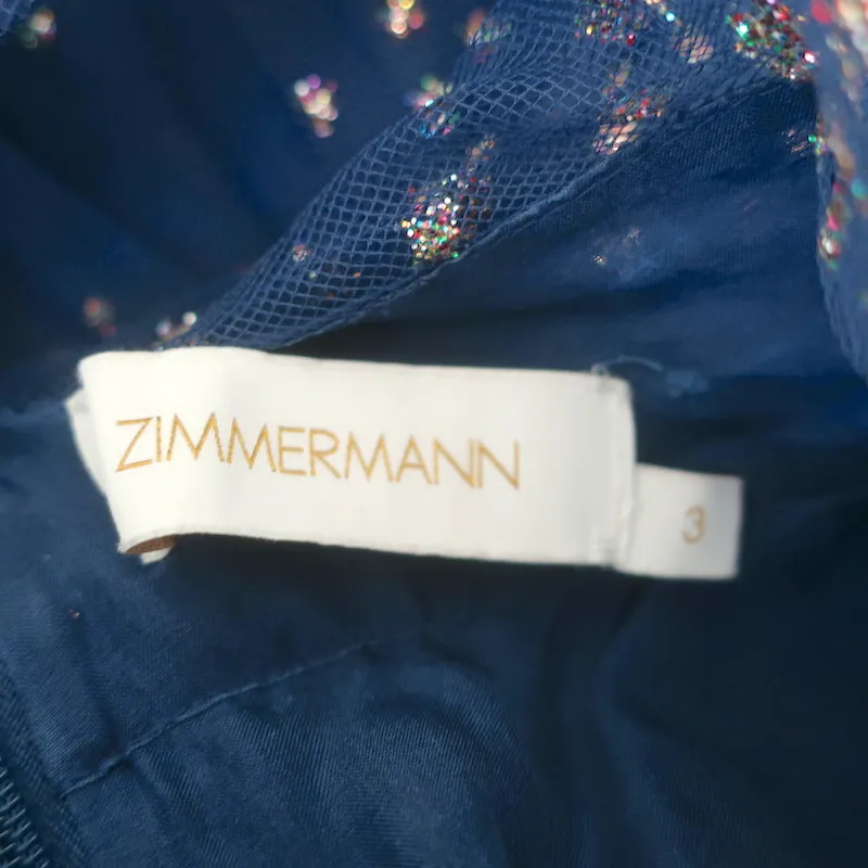 Zimmermann Tie-Neck Ruched Mini Dress Rhythm Navy Glitter Tulle Size 3